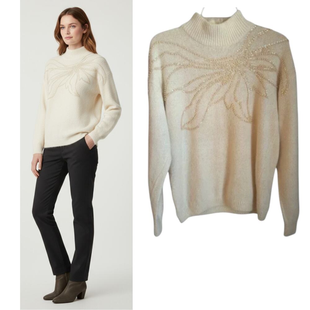 Chrysantheme Silk Angora Blend Sweater Size  L Ivory Beaded Sequin Long Sleeve